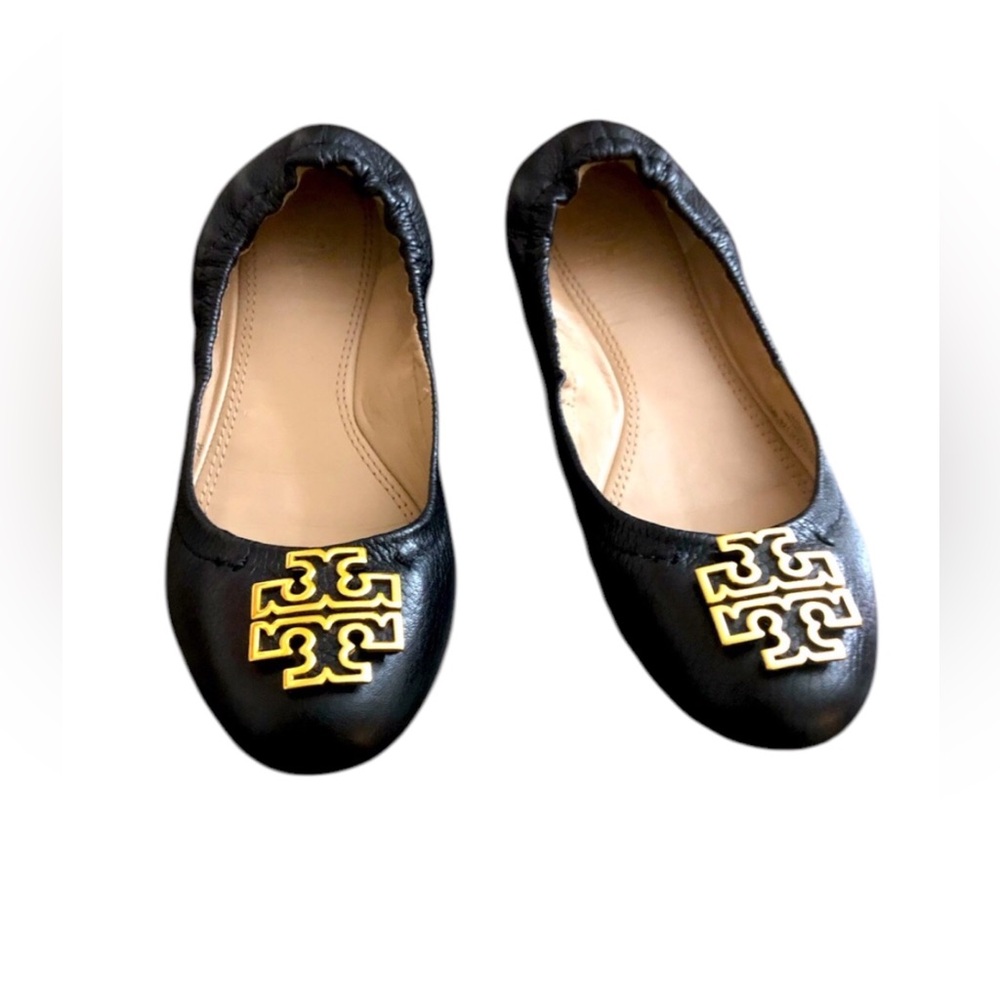 Tory Burch Black Flats with Gold Logo